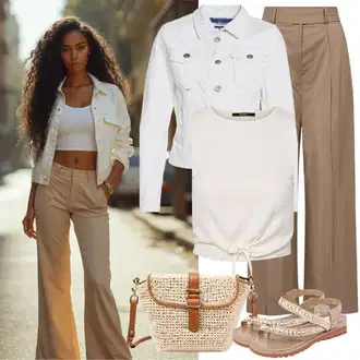 Outfit s Tmavě Hnědá/Černá/Hnědá/Khaki Marlene Kalhoty/Široká Kalhoty/Zvonová Kalhoty/Business Kalhoty/Obleková Kalhoty/Kalhoty Bootcut/Rozšířená Kalhoty/Kalhoty se Štěrbinou temu "Letní vzhled pro každodenní nošení"