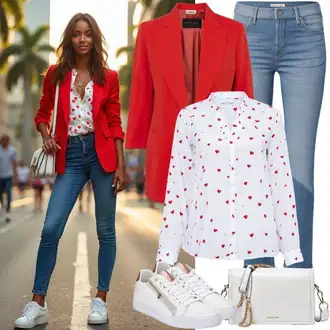 Outfit sa TamnoCrvena/Crvena/Bijela/Pink Majica/Duga Bluza/Bluza Dugih Rukava/Tunika Majica/Bluza s zakrpom na laktu/Oversize Bluza/Izvanredna Bluza/Bluza s Podignutim Ovratnikom/Razigrana Bluza/Crash Bluza/Poslovna Bluza DKNY "Modna proljetna odjeća"