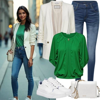 Outfit s Tmavě zelená/Tyrkysový/Zelená Jednobarevná Halenka/Rozverná blůza/Halenka s Potiskem/Halenka s Krátkým Rukávem/Halenkový Top temu "Módní jarní outfit"