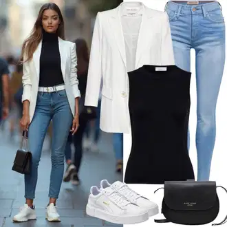 Outfit sa Bijela/Siva/Krem Kaput Mango "Modni slobodno vrijeme odijelo"