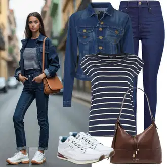 Prevelik Outfit sa Siva/Plava/Tamnoplava Traper Jakna/Vintage Jakna/Kratka Traper Jakna/Pletenina Pull&Bear "Opušteni izgled slobodnog vremena"Look: Blokiranje boja, Rap, Prevelik, Unisex, cool, 90-ich, Retro