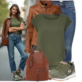 Léto Outfit s Modrá/Tmavě modrá/Světle modrá Kožená bunda/Navlékací džíny/Kožené bundy/Džíny s Nízkým Sedem/Džín s Nízkým Pasem/Džíny s Dírou/Džíny s Rozparkem/Push up Džín/Kožené Boty/Kotníková Bota Only "Módní outfit pro volný čas"