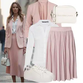 Outfit sa Ljubičasta/Pink Midi suknja od tila/Kratka plisirana suknja/Moderne Suknja/Suknja Iz 90-ih/Midi Suknja About You "Moderni outfit za proljeće"