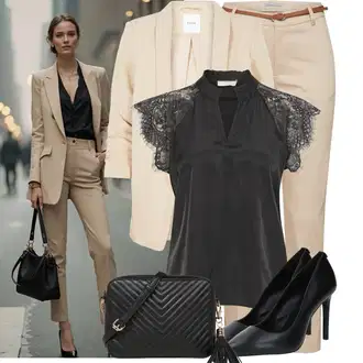 Outfit sa Crna/Tamnosiva/Zeleno/Siva Bluza Veći Broj/Majica I Top Veći Broj Cream "Moderni outfit za proljeće"