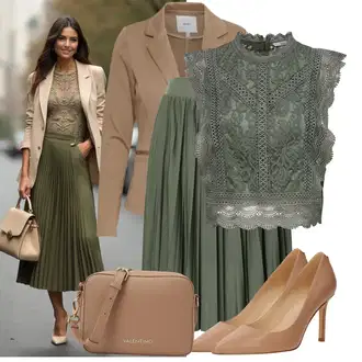 Outfit sa Tamnozelena/Zeleno Kratke hlače velike veličine/Haljina Veći Broj About You, Zeleno/Tamnozelena Crop Top Čipka/Gornja majica/Čipkasti Top/Top Bez Rukava/Muške cipele Only "Moderni outfit za proljeće"