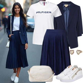 Elegantní Outfit s Tmavě modrá Midi Sukně/Moderní Sukně/Mačkaná Sukně/Sukně do Délky Lýtka/Křesťanská Sukně/Plisovaná sukně Samsøe Samsøe "Perfektní pro jaro"Look: 20 léta, Cool, Elegantní, Francouzské, Krásný, Old Money, Univerzitní, Klasické, 60. Let