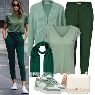 Outfit s Zelená/Světle zelená Bengaline Kalhoty/Kalhoty s Vysokým Pasem/Twillová Kalhoty/Kalhoty se Štěrbinou/Navlékací Kalhoty/Mušelínové kalhoty/Úzká Kalhoty/Skinny Kalhoty/Obleková Kalhoty/Business Kalhoty/Rovná Kalhoty/Strečová Kalhoty VERO MODA "Perfektní pro jaro"