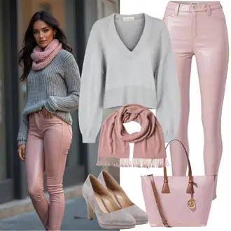 outfit mit Škrlatna/Roza/Modra Kavbojke Visokega Pasu/Kavbojke z Razporkom/Push up Kavbojke/Regular Fit Kavbojke/Usnjena Jakna/Ozke Kavbojke/Usnjene Čevlje yups, Roza Torba za čez ramo/Vrečasta torba/Mini torbica/Torba za čez ramo/Torbica za čez ramo/Vrečka za prenašanje/Pletena torba/Velika torba Vuch, Roza Šal/Loop šal/Dodatek za spodnje perilo Hugo "Pomladanska obleka"
