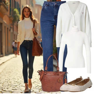 Outfit s Modrá/Tmavě modrá/Světle modrá Zimní bunda/Džíny s Rozparkem/High Waist Džínové Kalhoty/Vintage džíny/Pánské tričko/Dad Džíny/Rovná Džína/Mom Jean Pulz Jeans "Perfektní na jaro"