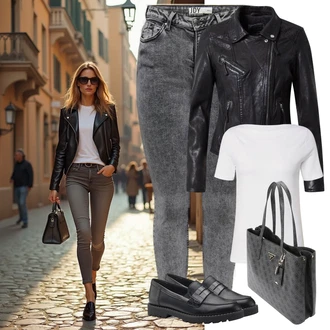 outfit mit Črna/Siva Plašč Oakwood, Črna/Temno modra Poslovna Obutev/Loafer Čevelj/Trotteur/Nizki čevelj s platformo Tamaris "Popoln videz za pomlad"