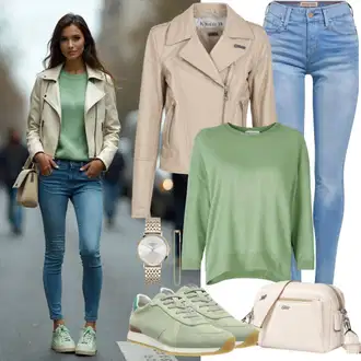 Jubilej outfit mit Bež/Rjava Vintage usnjena jakna/Vintage Jakna/Jakna iz Umetnega Usnja/Usnjena Jakna/Trajnostna Jakna/Motoristična jakna answear lab "Popolno za pomlad"Look: Dan plaže, Rave, Bar, Bayram, Pop koncert, Festival, Jubilej