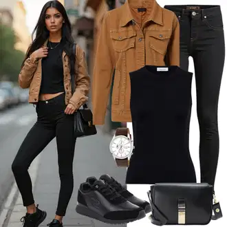 outfit mit Črna Športna majica/Bustier top/Kratka majica/Kratki top Endurance, Temno rjava/Črna/Khaki Usnjena Jakna/Push up Kavbojke/Ozke Kavbojke/Zimska jakna/Kavbojka z Nizkim Pasom/Usnjene Čevlje levi's, Črna Superge Nizka novesta, Črna/Srebrna/Siva/Zelena/Rdeča Mini torbica/Torba za čez ramo karl lagerfeld "Popolno za pomlad"