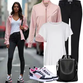 outfit mit Roza mr. gugu & miss go, Črna/Rjava/Škrlatna Kavbojke z Razporkom/Formalna Srajca/Usnjena Jakna/Dad Kavbojka/Široke Kavbojke/Boyfriend Kavbojke/Odrezane Kavbojke/Baggy Kavbojke GAP, Črna Superge Nizka novesta, Rjava/Črna Touring backpack Vuch "Popolno za prosti čas"