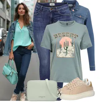 Kombinacije za bucmaste Od 50 godina sa Tamnoplava/Plava/Svjetloplava Kaput/Bluza Veći Broj Noisy may "Moderan outfit za slobodno vrijeme"