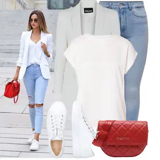 klasický Outfit sa Svjetloplava/Plava Kožna Jakna/Kožne Cipele/High Waist Traperice/Slip-on Traperice/Traperice s Prorezom/Push-up Traperice Only "Jedinstveni outfit za slobodno vrijeme"Look: Rap, Stil, Disko, cool, klasický, Old Money, Običan, moderne, Besprijekorno