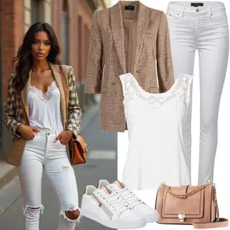 Outfit sa Smeđa/Bež Odijelo Karirani Sako/Kožna Jakna/Sako od Tvida/Kožna Jakna za Muškarce/Kožna jakna za muškarce Lascana "Proljetna odjeća"