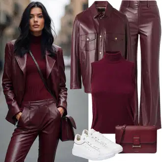 Jahanje Outfit sa Ljubičasta/Vinski Crveno/Tamnocrvena/Crvena Jakna s Patentnim Zatvaračem sa strane/Kožna Jakna Jakna od Umjetne Kože/Kožna Bomber Jakna/Kratka Jakna/Vintage Kožna Jakna/Bajkerska Jakna/Vintage Jakna/Kožna Jakna answear lab "Proljetna odjeća za dame"Look: S zakovicama, Jahanje