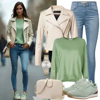 Outfit sa Bež/Smeđa Kožna Jakna/Vintage Kožna Jakna/Bajkerska Jakna/Kožna Bomber Jakna/Jakna od Umjetne Kože Faina "Savršeno za proljeće"