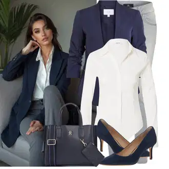 Kombinacije za bucmaste Od 50 godina sa Siva/Svjetlosiva Skinny Hlače/Traper Tajice/Jeggings LTB, Tamnoplava/Svjetloplava Nekategorizirano Vila, Bijela/Krem Bluza Veći Broj About You "Lijepi proljetni outfit"