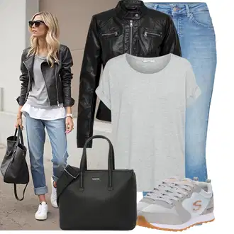 Kombinacije za bucmaste Od 50 godina sa Plava/Svjetloplava Jeggings/Traper Tajice/Skinny Hlače Only, Crna/Crvena Kaput Only, Siva/Svjetlosiva Majica I Top Veći Broj/Bluza Veći Broj Only "Moderan look za slobodno vrijeme"