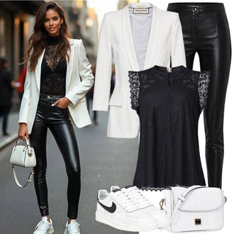 Outfit s Černá/Bílá Kožená Kalhoty/Legíny Kožený Vzhled/Kožený Legíny/Kalhoty z Umělé Kůže JdY "Skvělý každodenní outfit"