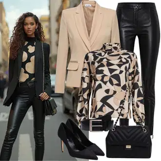 Mokri izgled Outfit sa Crna Tajice od Vinila/Hlače od Umjetne Kože/Kožna Hlača/Skinny Hlače/Tajice Kožnog Izgleda/Kožne Tajice JdY "Slobodno vrijeme Outfit"Look: Rap, Stil, Besprijekorno, cool, Techno, Mokri izgled, Old Money