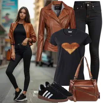 Outfit sa Bež/Smeđa Kožna Jakna/Vintage Kožna Jakna/Bajkerska Jakna/Kožna Bomber Jakna/Jakna od Umjetne Kože Faina "Stilski Izgled"