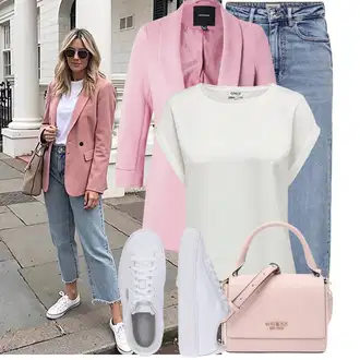 S Pertlanjem Outfit sa Svjetloplava/Plava Traperice Široke Nogavice/Formalna Košulja/Dad Traperice/Traperice s Prorezom/Mom Jean/Vrećaste Traperice/High Waist Traperice/Traperice Opuštenog Kroja/Vintage traperice/Culotte Traperice Only "Moderni proljetni outfit"