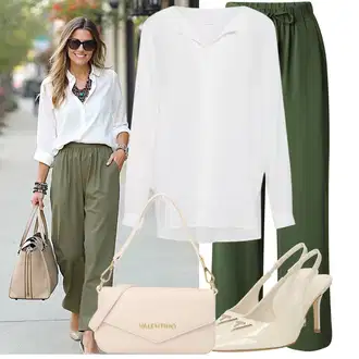 Outfit sa Kaki/Zeleno/Tamnozelena Baggy Hlače/Slinky Hlača/Relax Hlače/Slip-on Hlača/Hlače s prednjim naborom/Hlače od muslina/Palazzo Hlača/Paperbag Hlača/Hlača za Plažu/Hlače S Naborom/Tradicionalna Hlača About You "Jedinstveni outfit za slobodno vrijeme"