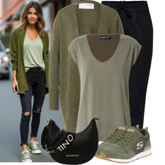 Outfit sa Tamnozelena/Zeleno Sport Lovačka čizma/pristup cipela/Zumba cipela/Fivefingers tenisica/Planinska cipela Skechers "Jedinstveni outfit za slobodno vrijeme"