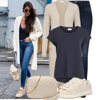 Kombinacije za jesen S oblinama sa Bež/Kaki/Smeđa Pletivo Veći Broj Vila, Tamnoplava Majica I Top Veći Broj/Bluza Veći Broj/Tunika Vila "Moderna kombinacija za slobodno vrijeme"