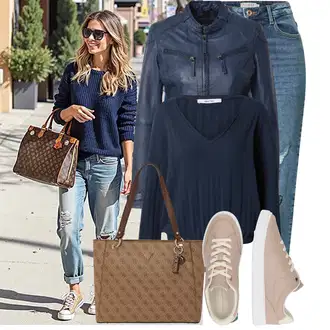 Léto Outfit s Světle modrá/Modrá High Waist Džínové Kalhoty/Kotníková Bota/Boyfriend Džínové kalhoty/Džíny s Rozparkem/Kožené bundy/Džíny s Dírou/Girlfriend Džíny Pieces "Stylový outfit na jaro"