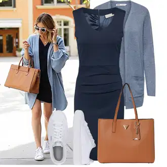 Outfit sa Tamnoplava Uska Haljina/Pamučna haljina/Pletena Haljina/Platnena Haljina/Haljina s Prednjim Patentnim Zatvaračem/Haljina Ravnog Kroja/Poslovna Haljina/Haljina za ured/Haljina Bez Rukava Kaffe "Moderni outfit za proljeće"