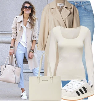 Outfit s Bílá/Světle šedá/Béžová/Šedá/Krémová/Hnědá Bota Kožené tenisky/Nízká Teniska/Úzká teniska/Letní tenisky/Vintage teniska Adidas Originals "Stylový outfit na jaro"
