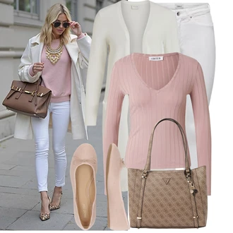 Elegantní Outfit s Béžová/Krémová/Bílá/Khaki Móda Pro Plnoštíhlou Pletenina veľkej veľkosti Vila "Stylový outfit na jaro"Look: Elegantní, Old Money, Příliš oblečený, Nadrozměrné, Univerzitní