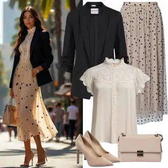 Outfit s Béžová/Bílá/Khaki/Hnědá 60tého Léta Sukně/Moderní Sukně/Křesťanská Sukně/90tá Léta Sukně/Midi Sukně/Vintage Sukně maxi/Dlouhá Sukně/Sukně do Délky Lýtka/Maxi Sukně/Vázací Sukně/Sukně s potiskem About You "Stylový kancelářský vzhled"