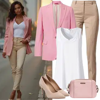 Outfit s Hnědá/Béžová/Khaki Kalhoty se Štěrbinou/Chinos/Mušelínové Kalhoty/Kalhoty s nášivkou uprostřed/Rovná Kalhoty/Obleková Kalhoty/Úzká Kalhoty/Business Kalhoty Fransa "Stylový outfit pro jaro"