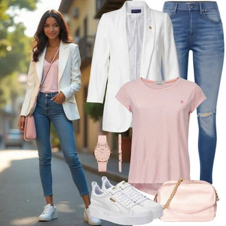 Outfit s Modrá/Tmavě Modrá/Světle Modrá Kožená bunda/Zimní bunda/Kotníková Bota/Dámské Džíny s Délkou 7/8/Kožená Pánská Bund/Kožené Boty/High Waist Džínové Kalhoty/Push up Džín Only "Stylový outfit pro jaro"