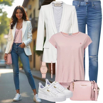 Outfit s Modrá/Tmavě Modrá Navlékací džíny/Kožené bundy/High Waist Džínové Kalhoty/Dámské Džíny s Délkou 7/8/Zimní bunda/Push up Džín/Kožené Boty/Džíny s Dírou/Džíny s Rozparkem/Kožená bunda/Kotníková Bota Only "Stylový outfit pro jaro"