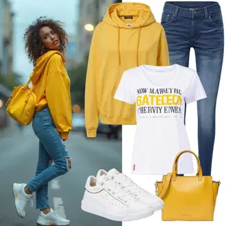 Outfit s Žlutá/Zelená Basic Svetr/Crop Svetr/Svetr s kapucí/Jednoduchý Svetr/Pletená mikina s kapucí/Sportovní mikina/Svetr S Kapucí qs "Stylový outfit pro jaro"