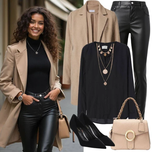 Kombinace Hnědá/Tmavě zelená/Šedá/Černá/Tmavě šedá Oversize Halenka/Tunikové Tričko/Oversize Muselínová Blůza temu kombinovat s Černá/Bílá Kožený legíny/Kožená Kalhoty/Legíny Kožený Vzhled/Kalhoty z Umělé Kůže JdY