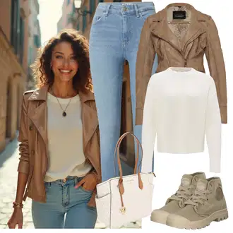 80tá léta Outfit s Hnědá/Béžová/Šedá/Khaki Vintage Bund/Přechodné Bundy/Letní Bund/Kožené Bund/Motorkářská bunda/Kožená vintage bunda/Neobvyklá bunda/Motorkářské Bund Oakwood "Stylový outfit na jaro"Look: Cool, Italský, Krásný, Old Money, Venkovní, Western, Retro, 80tá léta