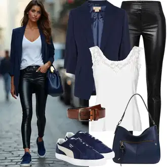 Mokri izgled Outfit sa Crna Tajice od Vinila/Hlače od Umjetne Kože/Kožna Hlača/Skinny Hlače/Tajice Kožnog Izgleda/Kožne Tajice JdY "Uredski outfit"Look: Rap, Stil, Besprijekorno, cool, Techno, Mokri izgled, Old Money