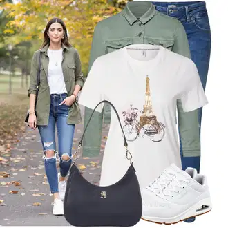 Outfit sa Plava/TamnoPlava Kožna Jakna/Kožne jakne/Traperice s Prorezom/Traperice s Rupom/Push-up Traperice/Traperica Niskog Struka/Traperica Niskog Struka LTB, Plava/Bijela/Krem Tenisica Za Trčanje/gimnastička papuča/Tenisica za tenis/Tenisica za fitness/cipela za trčanje/Obuća za trening Skechers "Praktičan look"