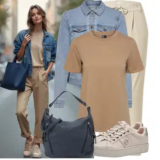 Outfit s Béžová/Khaki/Hnědá Mušelínové Kalhoty/Mrkvová Kalhoty/Ležérní Kalhoty/Úzká Kalhoty/Paperbag Kalhoty Only "Stylové kombinace pro volný čas"