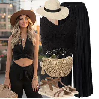 Boho Outfit sa Crna/Smeđa Majica I Top Veći Broj/Bikini Velika Veličina/Bluza i Tunika/Haljina Veći Broj/Pletivo Veći Broj/Bluza Veći Broj/Kratke hlače velike veličine/Kupaći Kostim Za Veću Veličinu About You "Moderan look za slobodno vrijeme"Look: Rap, Babydoll, Boho, 20-ih godina, Disko, Gotički, Prekrasan, Techno