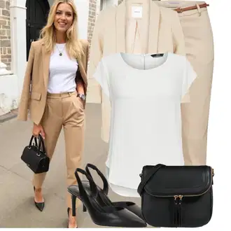 Outfit s Béžová/Khaki Kalhoty se Štěrbinou/Úzká Kalhoty/Ležérní Kalhoty/Obleková Kalhoty/Twillová Kalhoty/Business Kalhoty/Kalhoty s Vysokým Pasem/Skinny Kalhoty B.young "Skvělý vzhled pro volný čas"