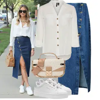 Zapínání na knoflíky Outfit s Šedá/Khaki/Bílá/Hnědá/Béžová/Světle zelená Tunikové Tričko/Halenka S 3/4 Rukávem/Blůza s nášivkou na lokti/Oversize Muselínová Blůza/Kožená bunda/Blůza s knoflíčkem Vero Moda Tall "Nonšalantní look pro volný čas"