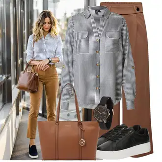 Outfit s Khaki/Hnědá/Béžová Plisovaná Kalhoty/Široká Kalhoty/Palazzo Kalhoty/Plisovaná Kalhoty/Culotte Kalhoty/Kalhoty se Štěrbinou/Tradiční Kalhoty/Kalhoty s Vysokým Pasem/Slinky Kalhoty/Rozšířená Kalhoty/Mušelínové Kalhoty JdY "Skvělý vzhled pro volný čas"