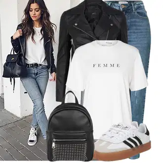 Outfit sa Crna/Bijela/Tamnosiva/Pink Kaput yas "Moderan outfit za slobodno vrijeme"